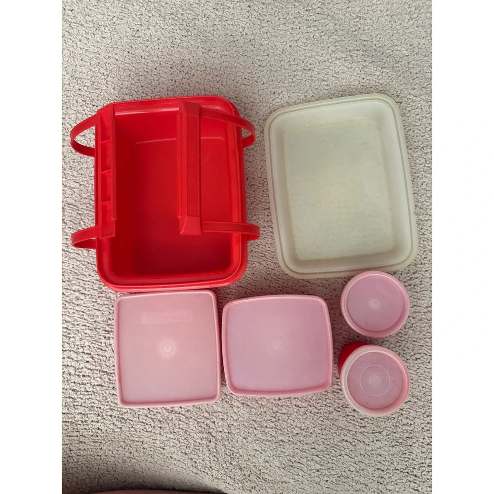 Vintage Tupperware Red Picnic Lunch Set Carrier with Lids and Cups 6 Piece